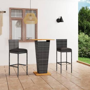 3-Piece Grey Poly Rattan Garden Bar Set with Cushions