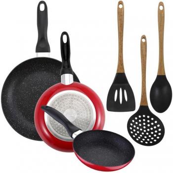 Pack de 3 sartenes San Ignacio Ø16cm, Ø20cm, Ø24cm + set de 3 utensilios de cocina en silicona