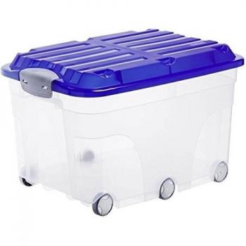 rotho 76660960LG Roller 6 caja de polipropileno, con tapa y 6 ruedas estable, contenido aproximadamente 57 l, aproximadamente 59,5 x 40 x 37 cm, translúcido/azul