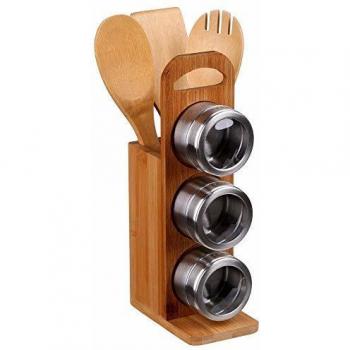 Set de Utensilios de Bambú con Soporte y 3 Frascos para Especias