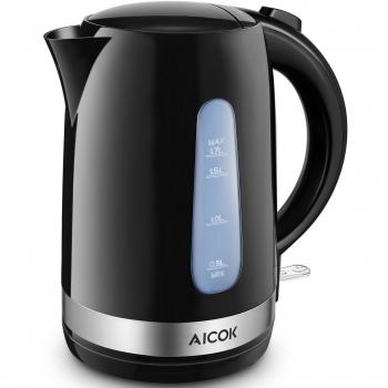 AICOK Hervidor de Agua Eléctrico 1,7 litros Hervidor de Agua Compacto con Ventana Indicadora Visible, 2200W Ebullición Rápida con Libre de BPA, Auto Apagado, Asa Cool Touch, Negro