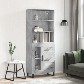 Aparador alto de madera contrachapada gris hormigón 69,5x34x180 cm con 1 puerta de cristal y 3 cajones, mueble de almacenaje para salón, buffet y armario auxiliar