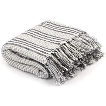 vidaXL Manta a Rayas 125x150cm Algodón Gris/Blanco Decoración Casa Cama Hogar
