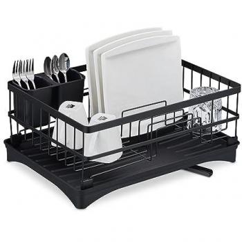 Escurreplatos con Desagüe Relaxdays, 18 x 42 x 30 cm, Cesto Secador para Platos, Tazas y Cuencos, Color Negro