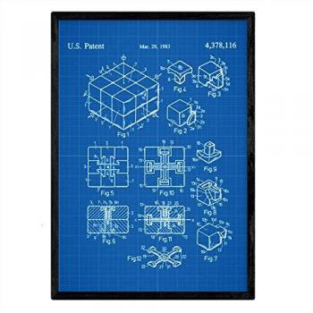 Póster con Patente Antigua del Cubo de Rubik en Fondo Azul y Marco Negro - Tamaño A3