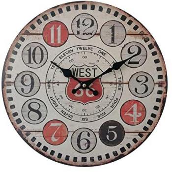 Reloj de Pared Colgante Industrial Retro en MDF y Metal Marrón con Toques Rojos