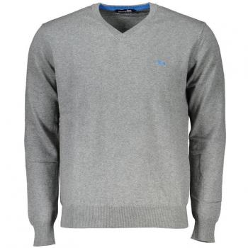 Gray Embroidered V-Neck Cotton Blend Sweater for Men - Size L