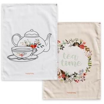 Paño de Cocina Happyfriday - 2 Unidades, 70x50 cm, 100% Algodón, Calidad de 200 Gr/m², Multicolor Time To Tea