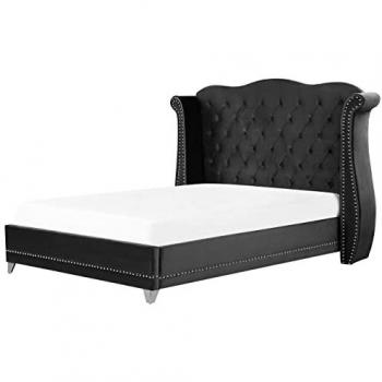 Cama matrimonial de terciopelo negro 180x200 cm con cabecero capitoné y somier