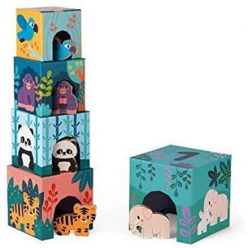 Janod - Pirámide de Cartón y Figuritas de Madera para Bebés - Juguete de Estímulo para Bebés - Juego Educativo - Observación y Coordinación - Cartón con Certificado FSC - A partir de 1 Año, J08623