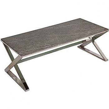 Mesa de Centro Hilton 120x45x60 cm - Acero Inoxidable Plateado con Top de Cristal y Acabado Mármol Gris 8mm