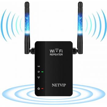 NETVIP WiFi Repetidor de Red Extensor 300Mbps Repetidor Mini Wireless Amplificador Extensor de Rango Inalámbrico Modo Punto de Acceso/Repetidor 2.4GHz,Puerto LAN,802.11b/g/n,Fácil de Instalar - Negro