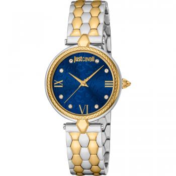 Reloj de pulsera Just Cavalli Glam Chic Donna Leopardo JC1L254M0095, correa color oro amarillo y gris plata, dial azul noche, modelo LEOPARDO