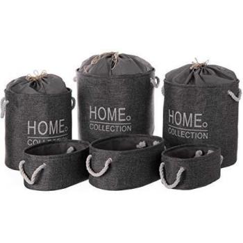 UNIMASA Set de 3 cestos y 3 cestas de Tela Grises con Forma de Saco - LOLAhome