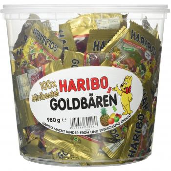 Haribo Ositos de Oro Mini, Estuche de 100 Bolsitas de 10 g en Cubo Transparente
