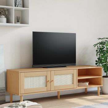Mueble de TV SENJA aspecto ratán madera pino 158x40x49cm, Mueble Bajo De Tv Senja 2 Puertas + 2 Huecos Natural 49X158x40 Cm