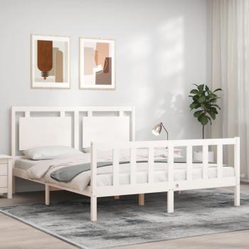 Cama King Size de Madera Maciza con Cabecero Blanco