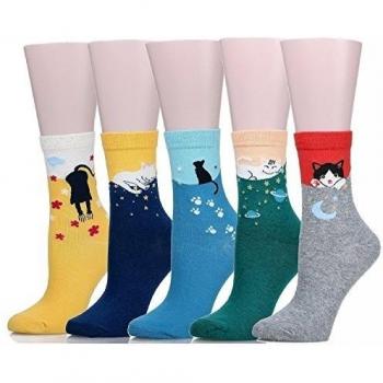 Calcetines SoxEra de algodón, cómodos, con diseños de gatos, para mujer. Pack de 5 unidades Cat Talla única