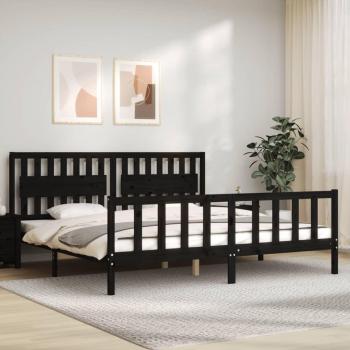 Estructura de cama con cabecero de madera maciza en color negro, dimensiones 200x200 cm
