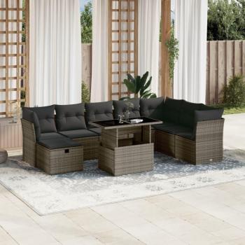 9-Piece Grey Poly Rattan Garden Sofa Set with Cushions