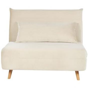 Sofá Cama Individual de Terciopelo Crema con Patas de Madera y Cojín, Modelo Setten