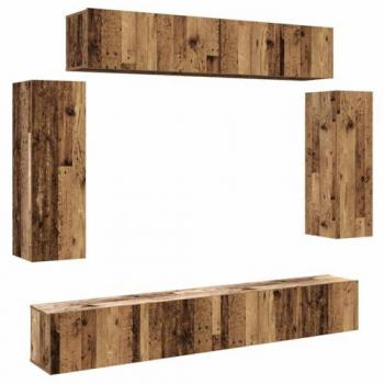 Conjunto de mueble de TV montado en la pared de 6 piezas en madera antigua y madera compuesta