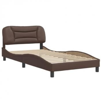 Estructura de cama con cabecero tapizado en cuero sintético marrón, tamaño 100x200 cm, incluye somier para colchón