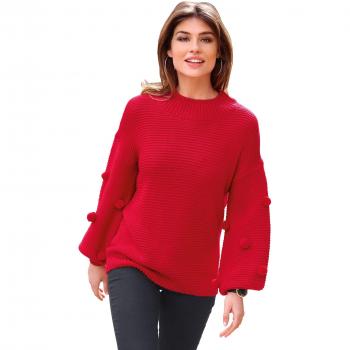 Jersey Escote Redondeado y Manga Larga caída abullonada con Detalle de Pompones by Vencastyle,Rojo,M
