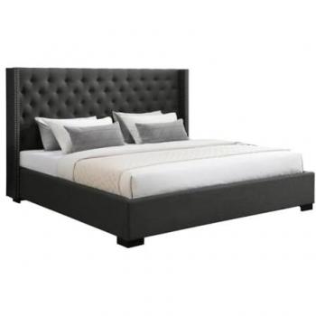 Cama con arcón de 200 x 200 cm y cabecero acolchado - Tela Gris - Modelo Massimo
