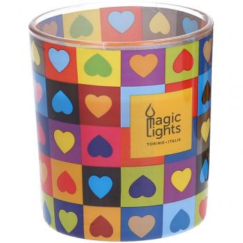 Vela en vaso pop art corazones Magic Lights