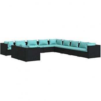 11-Piece Black Poly Rattan Garden Lounge Set with Cushions