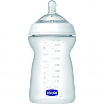 Chicco NaturalFeeling Biberón Anticólicos 6+ Meses, 330 ml, con Tetina de Silicona Suave y Doble Válvula Anti Cólicos, Flujo Rápido, Alimentación Natural y Lactancia Mixta - Blanco