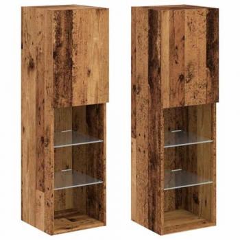 Mueble multimedia para TV con luces LED, 2 piezas, madera vieja, 30,5 x 30 x 102 cm, color marrón