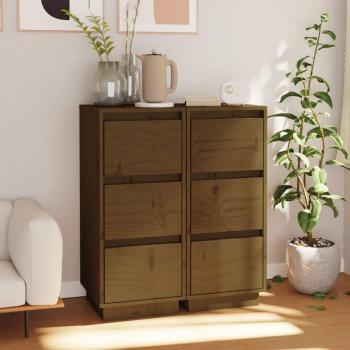 Aparador de Madera Maciza de Pino 2 uds, Color Marrón Miel, Dimensiones 32x34x75 cm, Mueble de Almacenaje para Salón con Armarios con Puertas y Cajón,