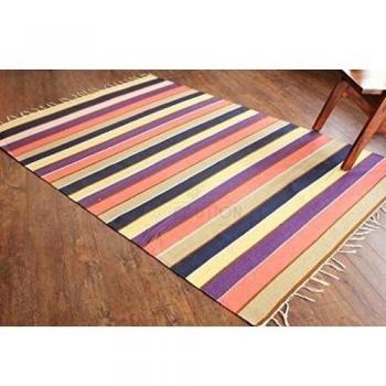 Alfombra de tejido reversible tejido 100% algodón orgánico con tintes vegetales. Estampado a rayas multicolor. Tapete. Medidas: 150x210cm