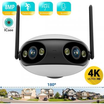 Cámara IP Wifi 4K HD de 8 MP para exteriores, lente dual, ángulo de visión de 180°, detección humana, cámara de seguridad panorámica POE iCSee 8MP con tarjeta de 128G añad