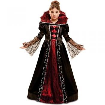 Disfraz de Vampira De Luxe para Mujer y Niñ@s - MY OTHER ME, incluye vestido largo negro con detalles en rojo, capa negra, maquillaje facial de vampiro y accesorios como colmillos