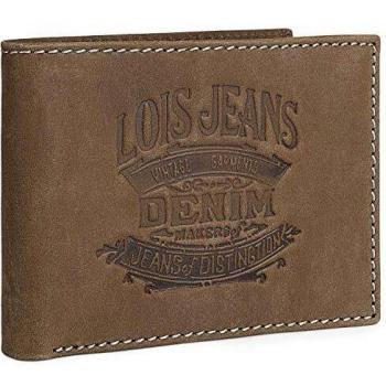 Lois - Cartera para Hombre de Cuero Piel Genuina. Horizontal. Billetero Tarjetero Porta Monedas Tarjetas DNI y Billetes. RFID. Caja para Regalo. Muy Completa. Calidad 201711, Color Marron
