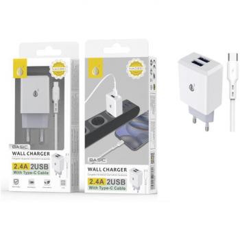 Cargador de Red 12W Blanco con 2 Puertos USB y Cable Type-C NA0351