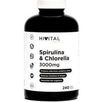 Espirulina y Chlorella 3000 mg. 240 comprimidos veganos para casi 3 meses - Suplemento de Algas Verdes Hivital