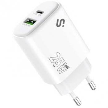 Cargador Rápido GaN 25W USB-C PD 3.0 + USB-A QC 3.0 Doble Puerto Compacto para iPad Pro/Air, Galaxy Tab S9-S7, iPhone 16-