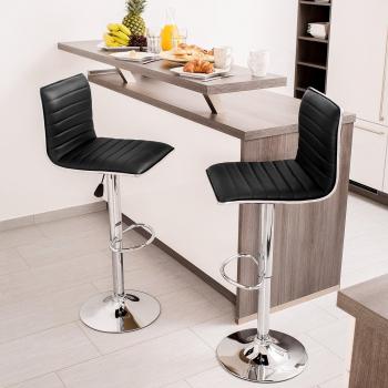 Taburetes de bar Tectake Johannes - 2 unidades, cuero sintético negro, giro de 360°, ajustables en altura, protección antideslizante en la base, pie y base de acero cromado