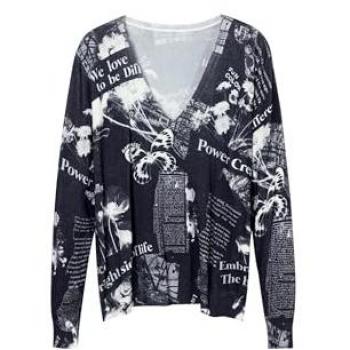 Desigual Kawartha Lakes Women's V-Neck Printed Sweater, Black, Casual, Size S