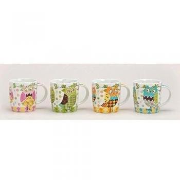 Set of 4 Porcelain Owl Mugs Coffee Mug/Cocoa Mug/ Tea Cup Set of 4 Assorted Pink / Green / Orange / Blue by Unbekannt