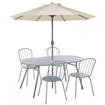Conjunto de comedor de jardín moderno 4 plazas metal azul claro con sombrilla 160 x 90 cm Calvi