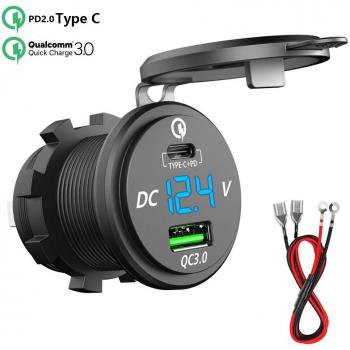 SONRU PD Tipo C USB Conector Cargador de Coche Impermeable, QC 3.0 64W Dual USB con voltímetro LED con Fusible de 10 A a Prueba de Polvo para Coche Autobús Caravana Motocicleta o Barco