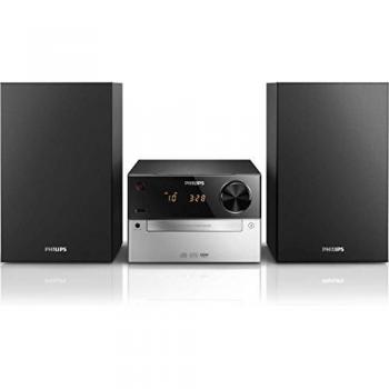 Phillips Audio MCM2300/12 Minicadena de Música con CD y USB, Radio FM, MP3, CD, Entrada de Audio, Puerto USB para Carga, Altavoces Bass Reflex, Control Digital del Sonido, Color Negro y Gris