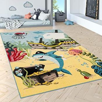 Alfombra Infantil Acuática Pez Payaso 160x220 cm - Corto Pelo, Diseño de Animales Marinos, Turquesa Verde Crema Rosa