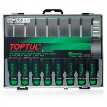 TOPTUL GAAW0803 Kit de atornilladores de precisión 8 uds. (1,5 mm, 2 mm, 3 mm, PH0, PH00, PH000, T15, T20) con