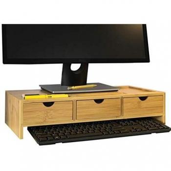 SoBuy BBF03-N Soporte de Sobremesa para Monitor Ergonómico Universal con 3 Cajones en Bambú Color Natural
